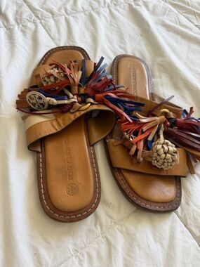 Tory Burch Tan Leather Slide Sandals with Red & Blue Tassels